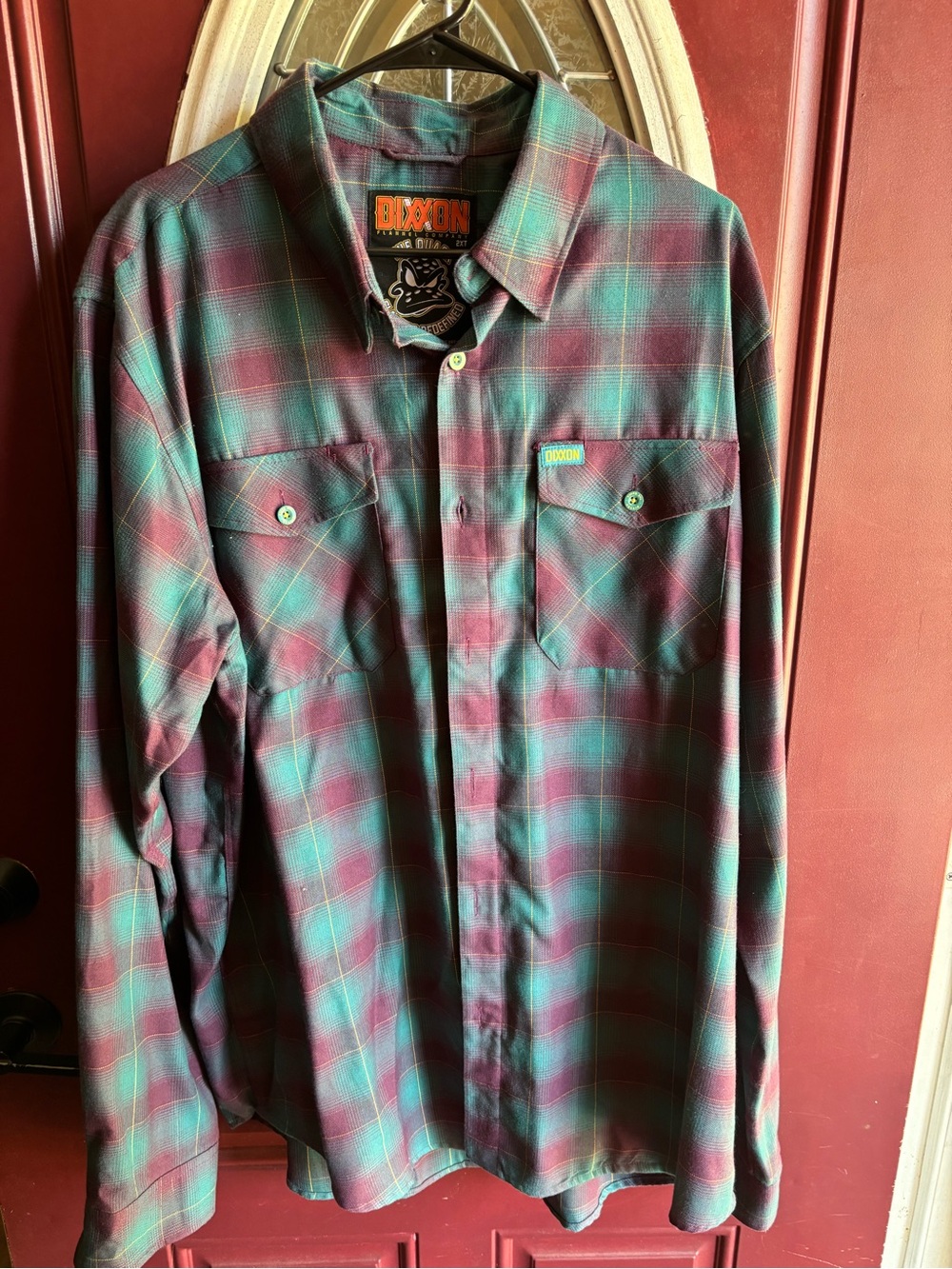 DIXXON Long-Sleeve Plaid Button-Down Shirt in Teal and Burgundy